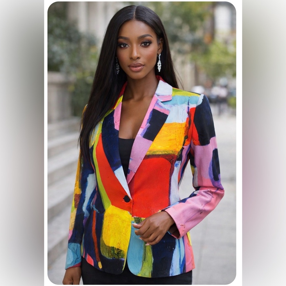 Colorblock Abstract Print Blazer - Multicolor